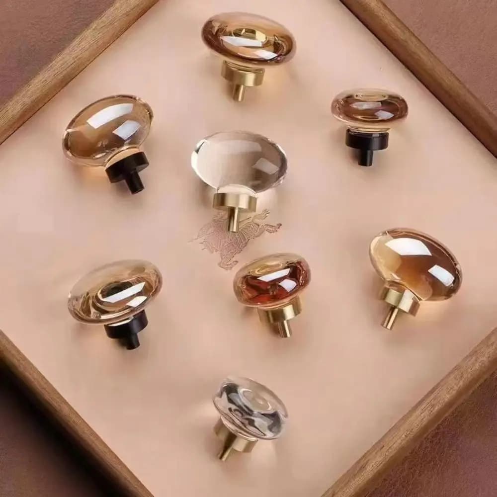 Maniglia per mobili in cristallo Maniglie per cassetti con foro singolo champagne / trasparente Maniglie per mobili da cucina con base in oro di lusso