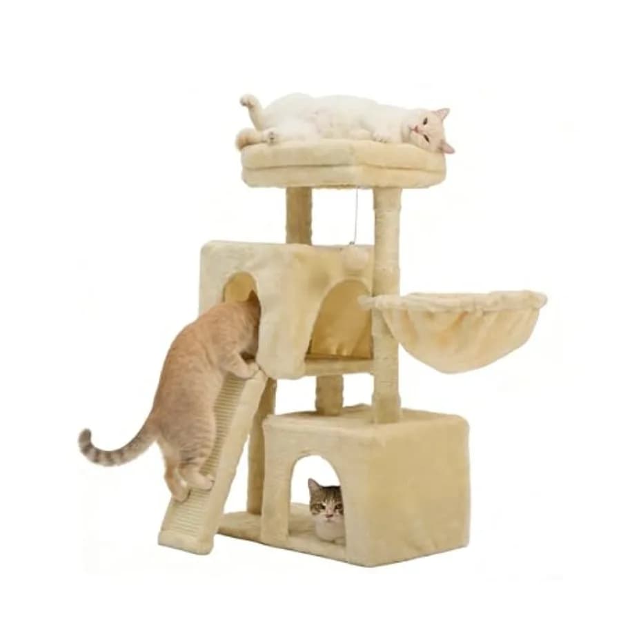 Albero per gatti da 35,8 pollici con doppie cucce, amaca, poggialetto in peluche, tiragraffi e piattaforma confortevole per dormire, con palla giocattolo per interni