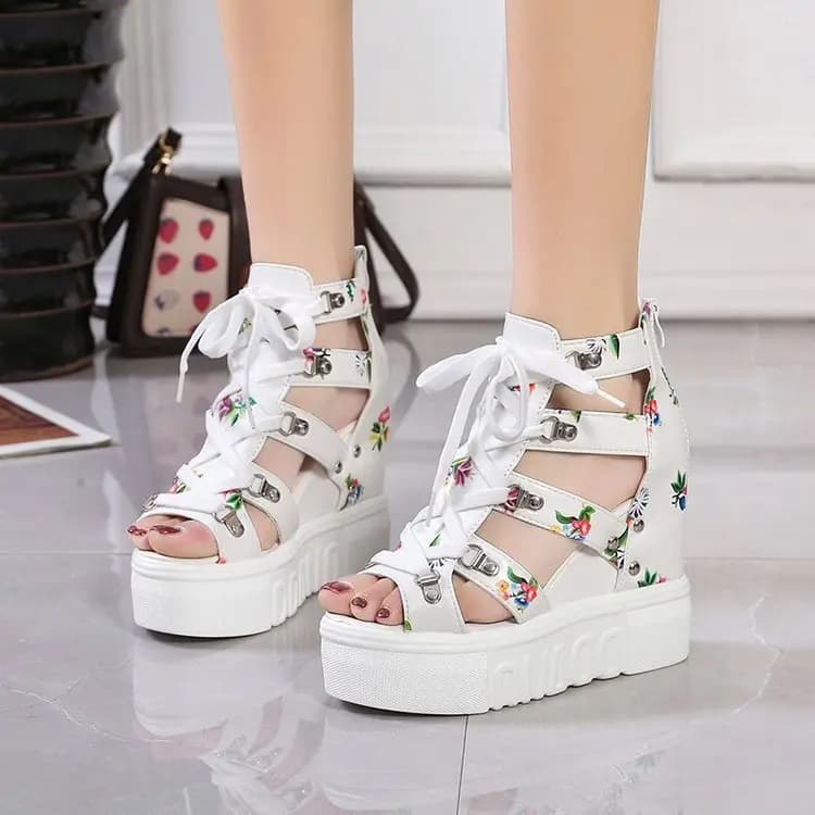 Stampa a caldo Per il tempo libero Zeppe Scarpe da donna 2023 Scarpe estive Sandali da donna Piattaforma Lacci delle scarpe Tacchi alti Scarpe casual Donna