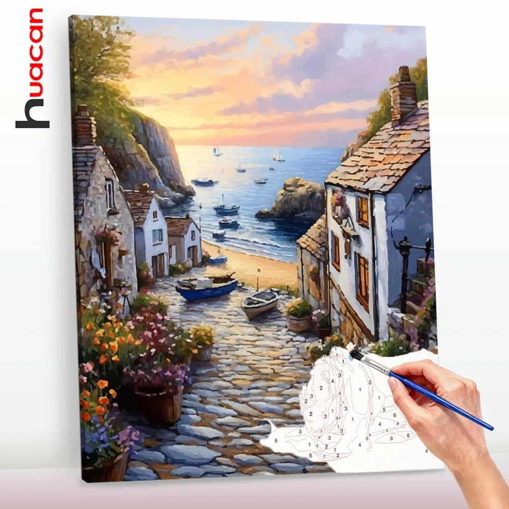 Huacan Paint By Adult Numbers Decorative Seaside Towm Landscape Arts Crafts Paints Paintings On Number For Drawing Oil Art