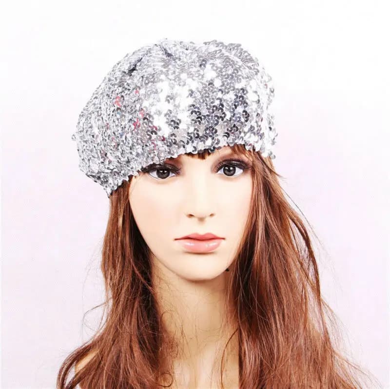 Berretto da donna con paillettes elasticizzato, cappello berretto scintillante per feste, club e ballo, elegante in nero, argento, rosso, oro, rosa