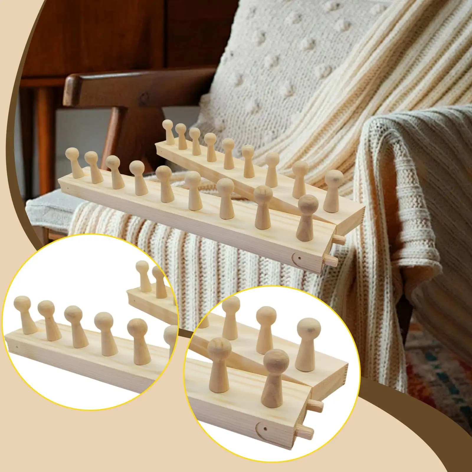Mini Weaving Loom with Adjustable Wooden Peg Frame for Chunky Blanket Knitting DIY Yarn Craft Hobby Support Relaxing Projects