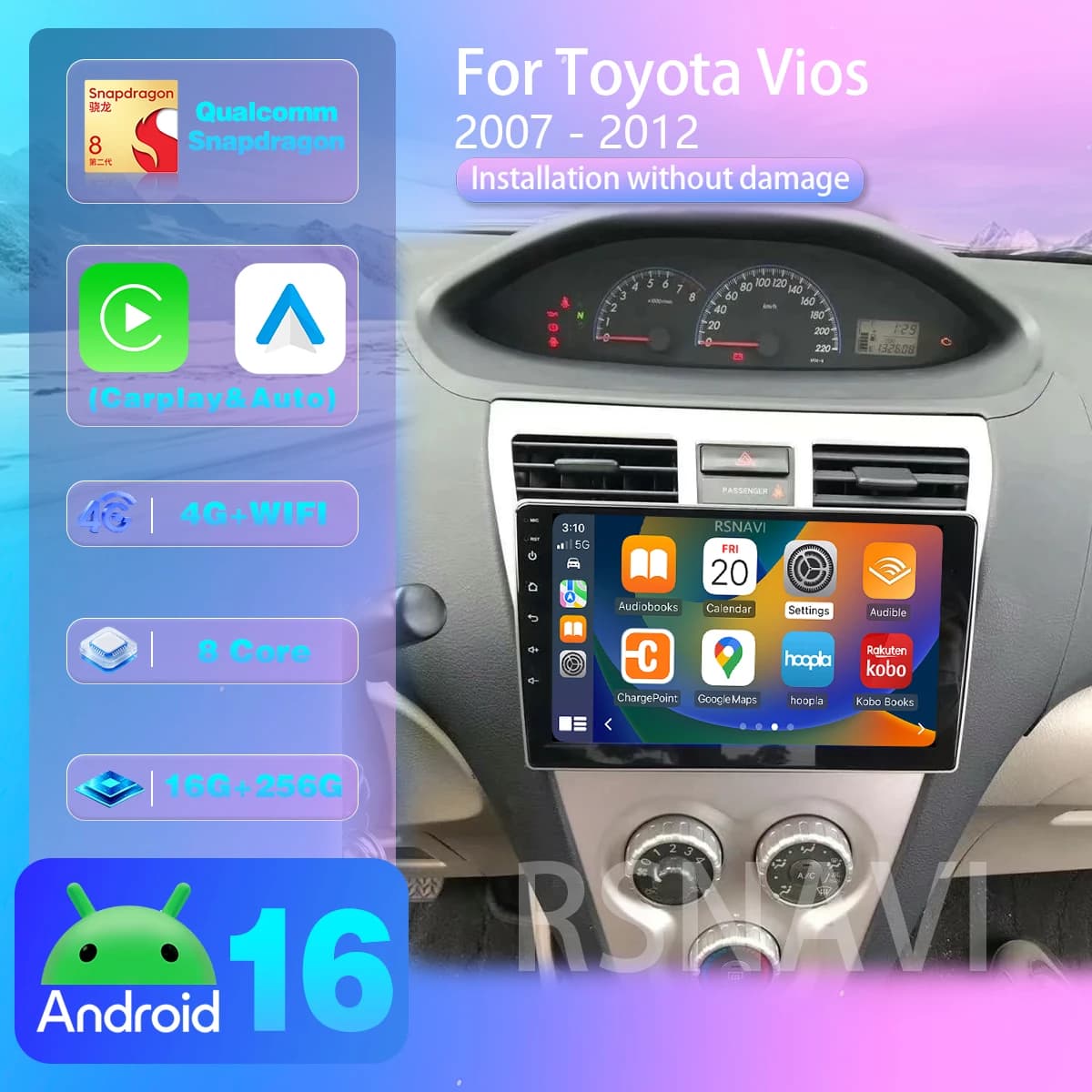 Android 16 Carplay Car Radio For Toyota Vios Yaris 2007 - 2012 BT Multimedia Player Multimedia Navigation Qualcomm Screen
