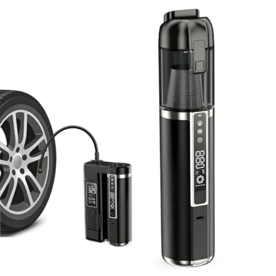 Mini Aspirapolvere per Auto 3-in-1 Senza Fili con Gonfiatore Pneumatici 18000Pa, Portatile con Luce LED e Pompa d'Aria Compatta 150PSI