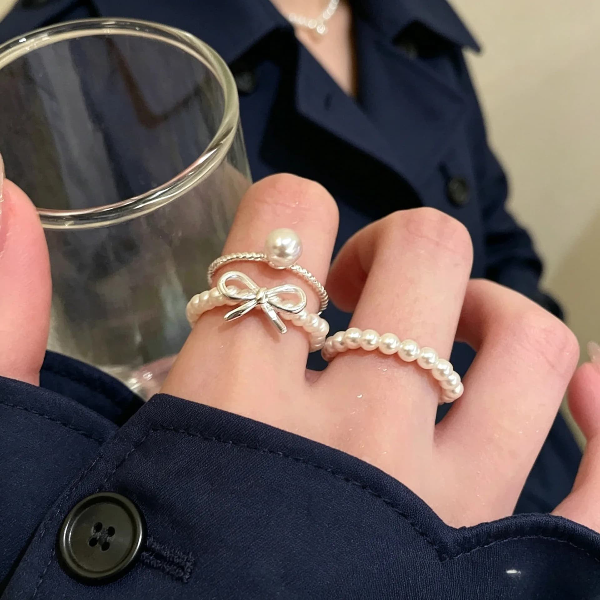 Bow pearl beaded ring women's niche design index finger ring light luxury high sense stacking ring