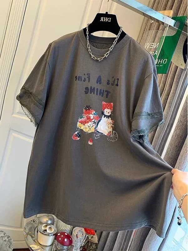 plus Size 240 Pounds American Retro Short Sleeve T-Shirt Women Summer Loose Slimming Lace Splicing round Neck Overhead Shirt