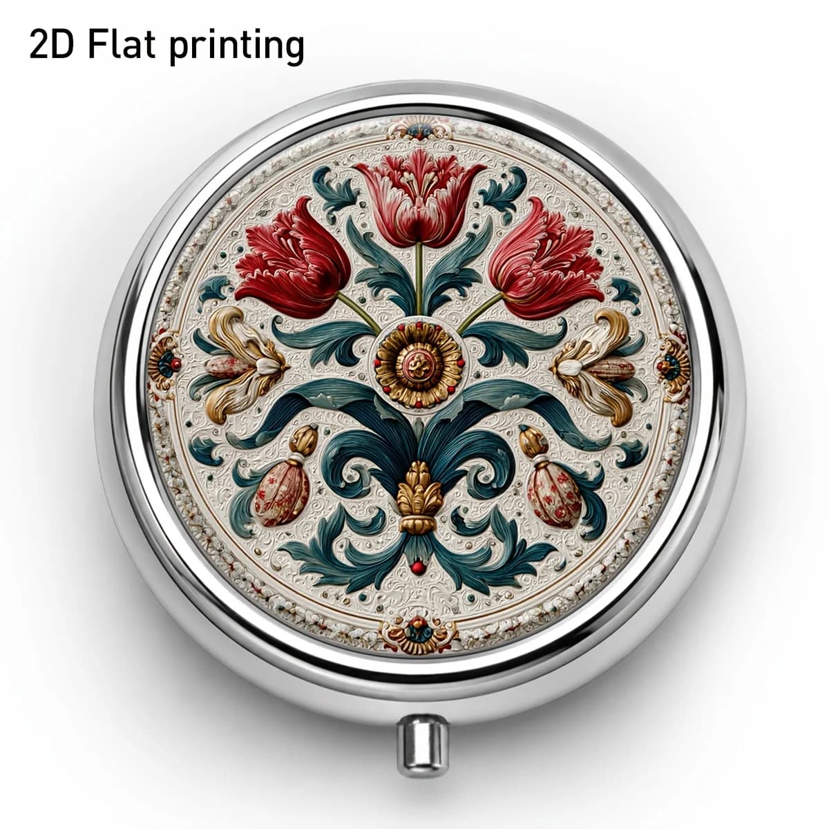 1 piece, flat-printed, red tulip scroll pattern round metal storage box, three compartments for portable organization, can be carried with you, convenient for organizing pills, vitamins, earrings, rings, and other small items, easy to access when traveling, flat design