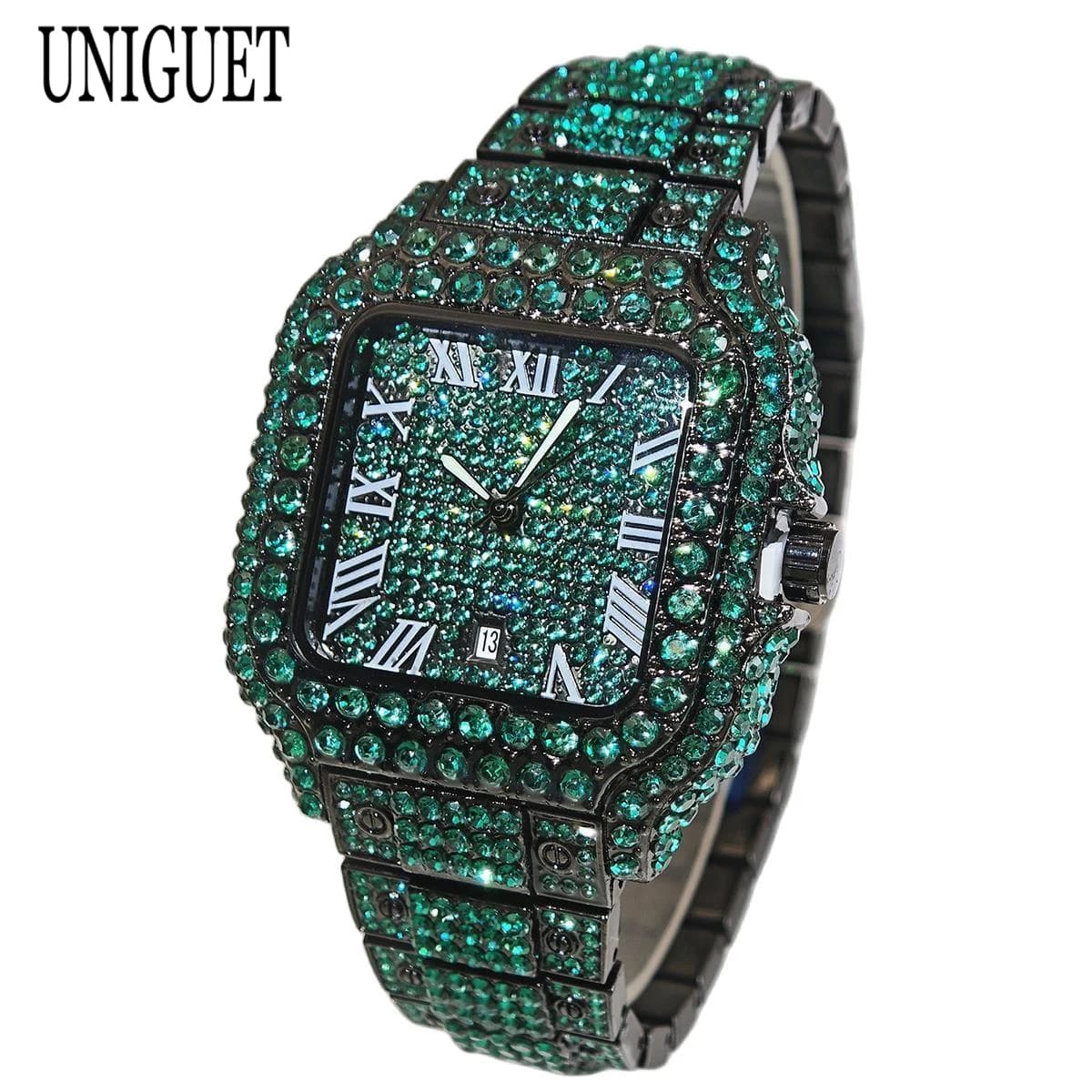 Watches UNIGUET with Green Diamonds for Men, Luxury Quartz Clock Square, Fashion Hip Hop, Completely Tempered AAA Jewelry, Special Sale