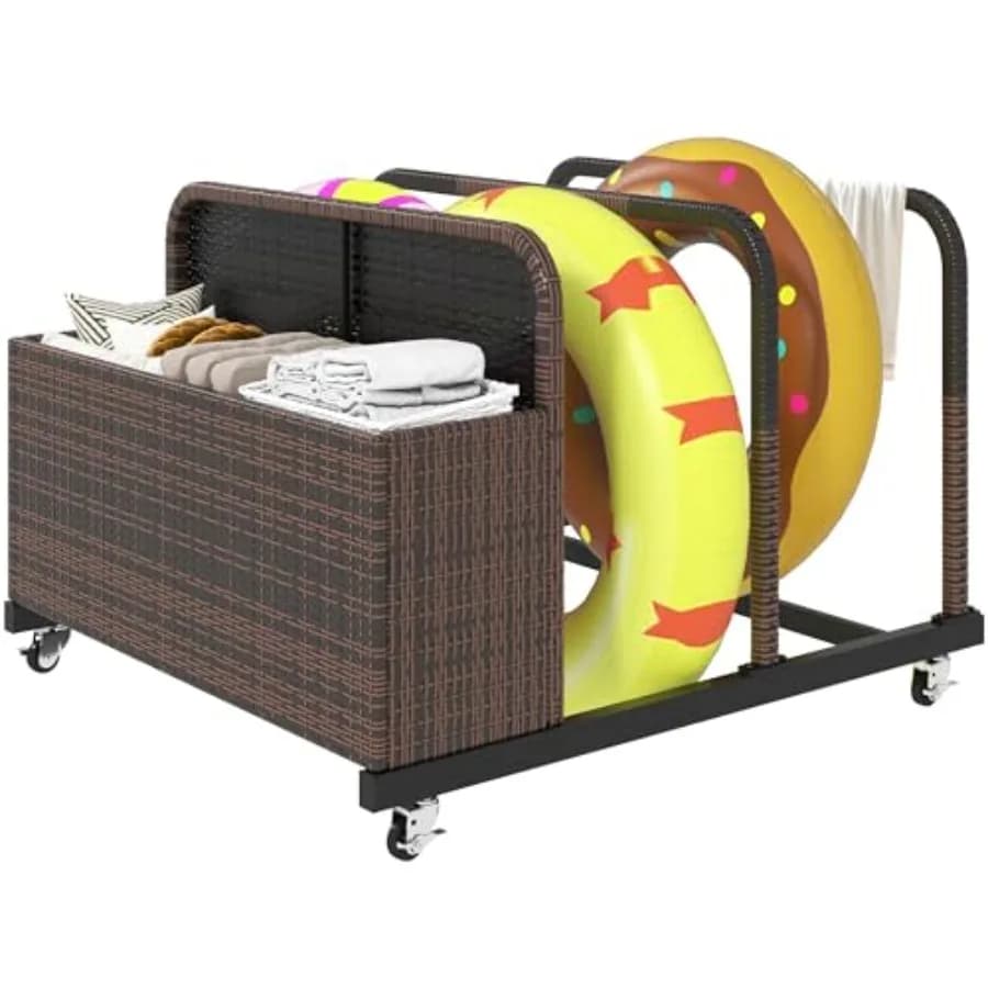 Contenitore portaoggetti galleggiante per piscina in rattan PE per cuscini, galleggianti, giubbotti di salvataggio, palloni da spiaggia, mobili da giardino, marrone