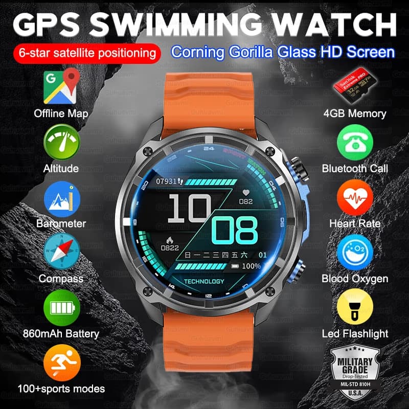 New 4GB Memory Dual-Band GPS Military Smart Watch Men 5ATM Waterproof 860mAh Battery Compass Altimeter Smartwatch For AndroidIOS