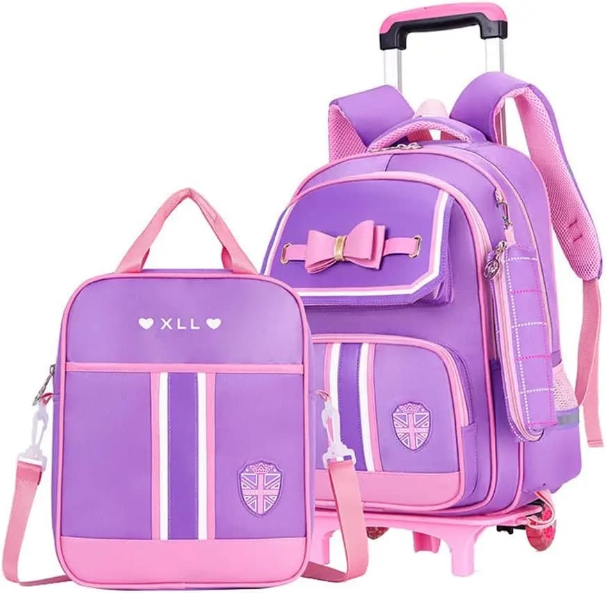 Simpatico zaino con ruote per ragazze con ruote, zaino trolley e borsa per il pranzo, viaggio scolastico