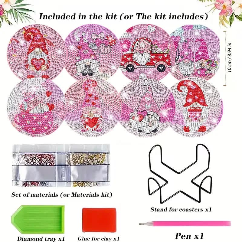 Set di 8 Sottobicchieri con Gnomi per San Valentino, Kit di Pittura Diamante con Supporto, Set Completo per Principianti, Regalo per Arredamento Casa