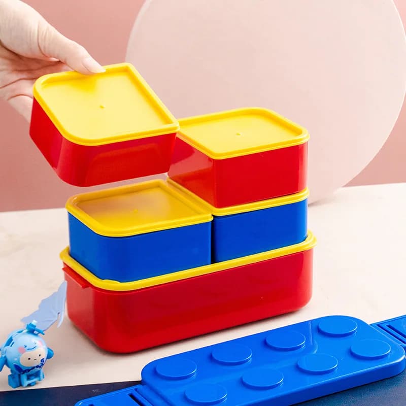 Lunch Box in PP per uso alimentare, 800ML+2x250ML, design impilabile con motivo Bento rosso blu, facile da riporre, per bambini adulti con cucchiaio forchetta