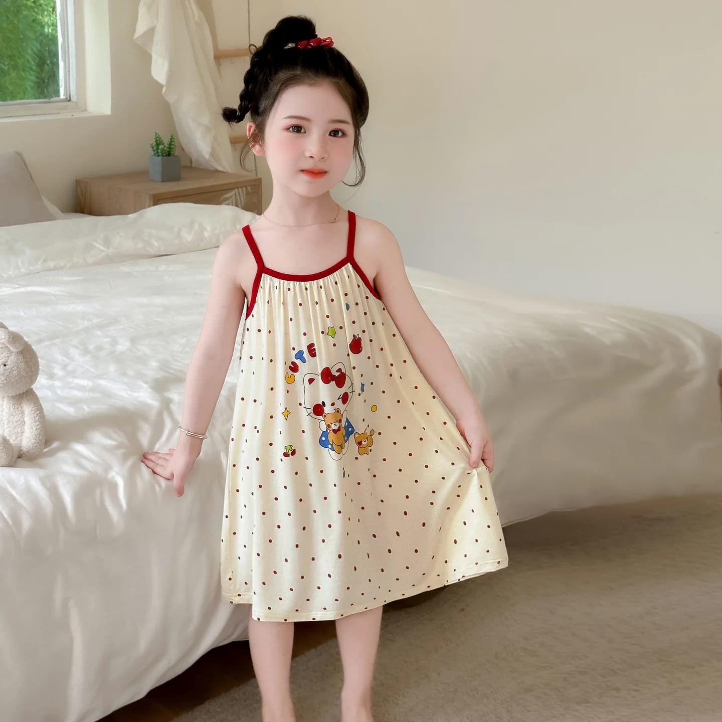 Sanrio Hello Kitty Girls Suspender Cotton Nightgown Summer Thin 2026 New Baby Girl Modal Pajamas Kids Thin Home Clothes Kawaii