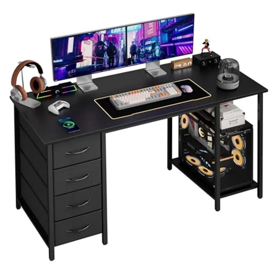 Scrivania per Computer con 4 Cassetti, 120 cm, Scrivania da Ufficio con Spazio di Archiviazione, Scrivania da Gaming con Ripiani per CPU, Scrivania per Casa e Ufficio