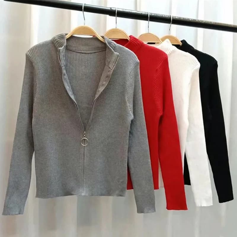 Maglione cardigan lavorato a maglia con cerniera a collo alto e maniche lunghe, base superiore corta, nuovo temperamento, giacca maglione slim fit Cardigan