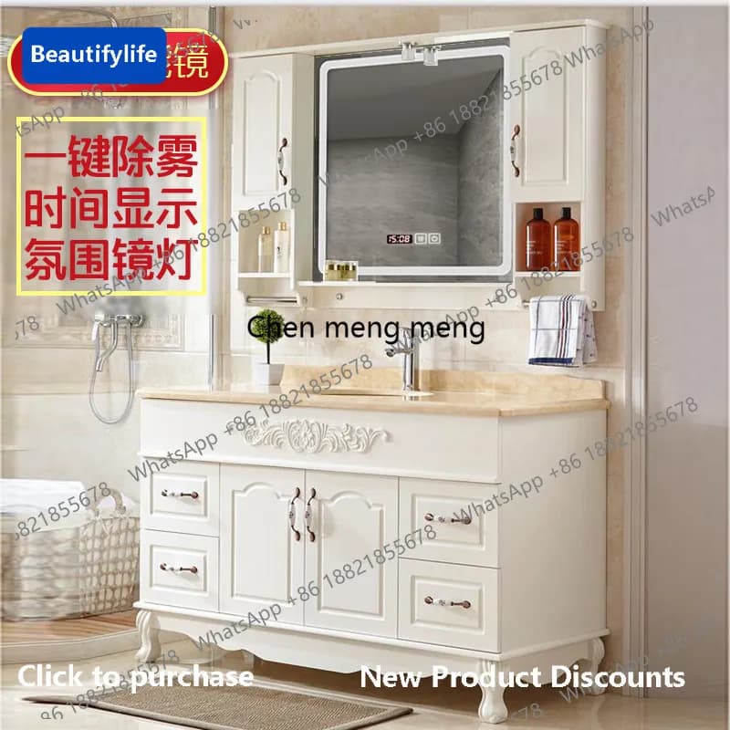 Combinazione di mobili da bagno in rovere europeo M183, lavabo da terra a soffitto, mobile a specchio in marmo