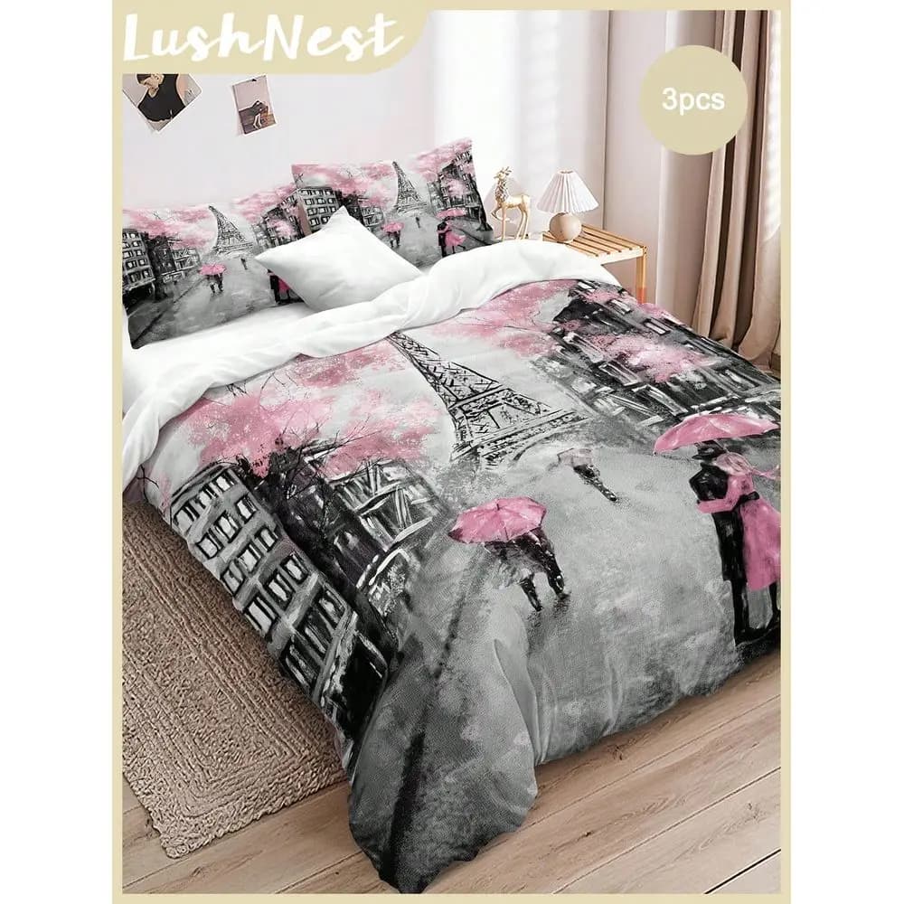 Romantic Eiffel Tower 3 PiecesBedding Set 1 Duvet Cover 2 Pillow Shams, Comforter Not Included, French Style Room Decor, Soft Mi