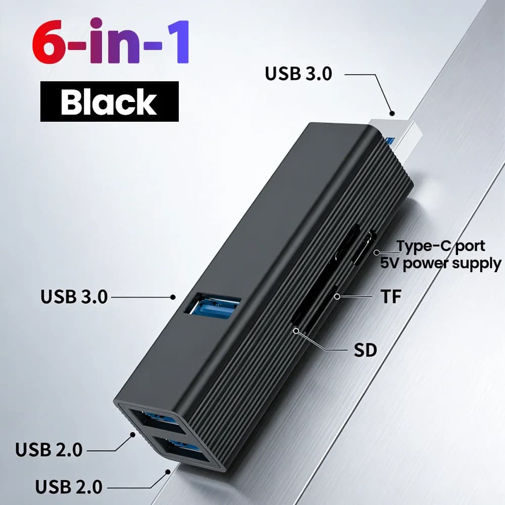 Lettore di Schede USB 6-in-1 con USB 3.0, USB 2.0, Slot per Schede TF e SD, Porta di Ricarica Type-C, Lettore di Schede USB 3.0, Lettura e Trasferimento Dati U-disk