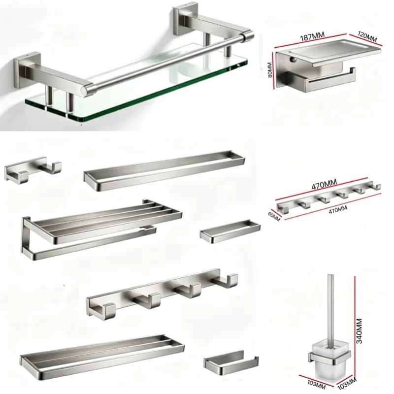 Brushed Stainless Steel Towel RackToilet Paper Holder Robe Hook Towel Bar Toilet Brush Glass Bathroom Shelf Bathroom Accessorie