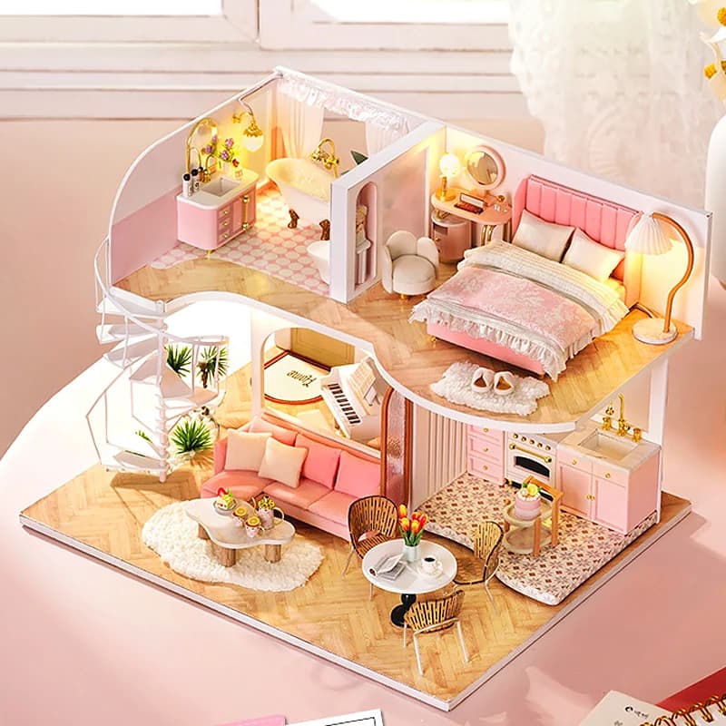 Mini casa delle bambole in legno Produzione di appartamenti duplex fai-da-te Puzzle 3D Assemblaggio Modello di costruzione Giocattoli per regali di compleanno per bambini Casa delle bambole