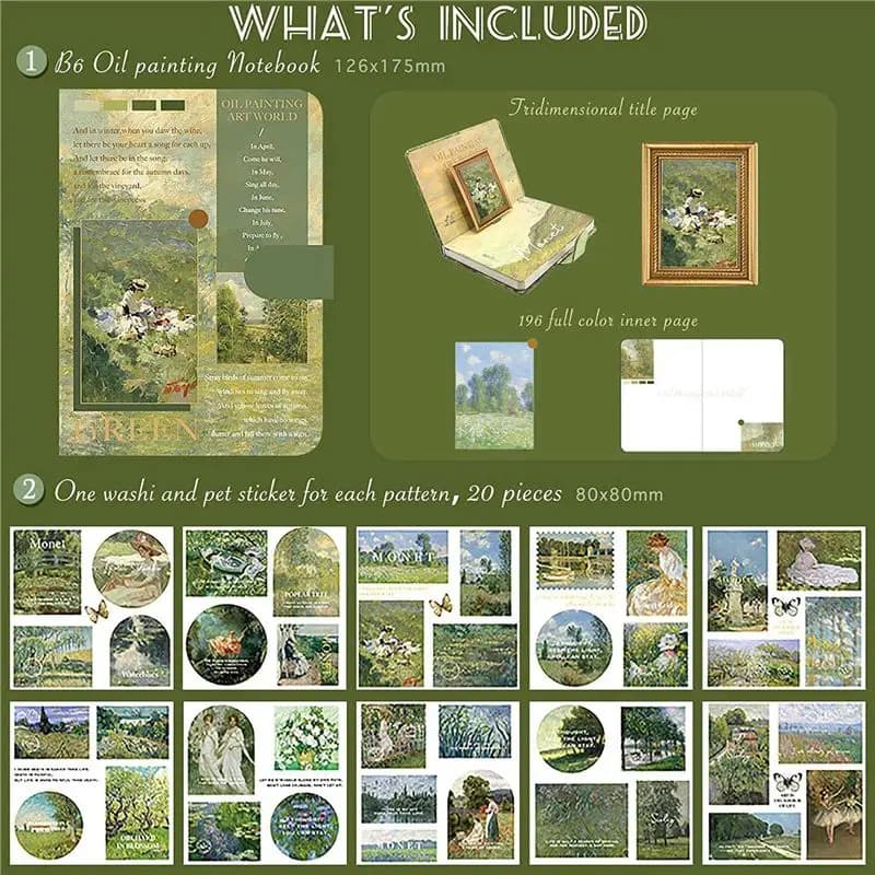 【BIG-SALE】Aesthetic Scrapbook Journaling Kit,Vintage Oil Painting B6 Notebook Scrapbooking Supplies Art Stickers,A