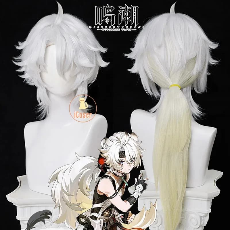 Wuthering Waves Lingyang Parrucca Cosplay Bianco Giallo Chiaro Capelli Lunghi Orecchie Liondance Troupe Glacio Risonatore Halloween per Donne Uomini