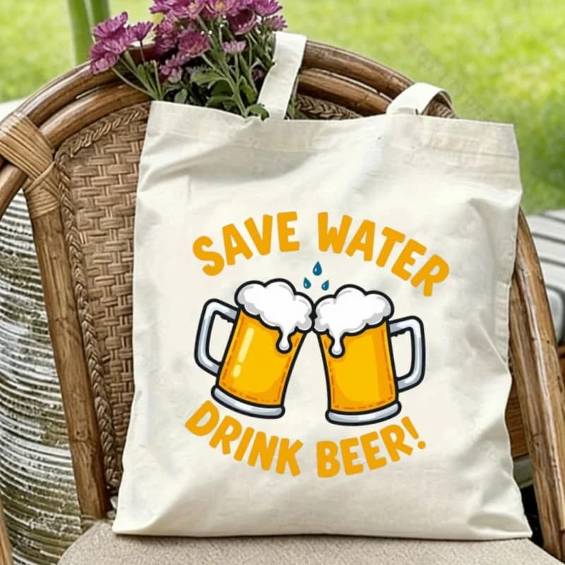 Borsa Tote in Tela a Doppio Lato con Stampa Divertente 'Save Water Drink Beer', Borsa a Tracolla Riutilizzabile Stile Retro per Amanti della Birra
