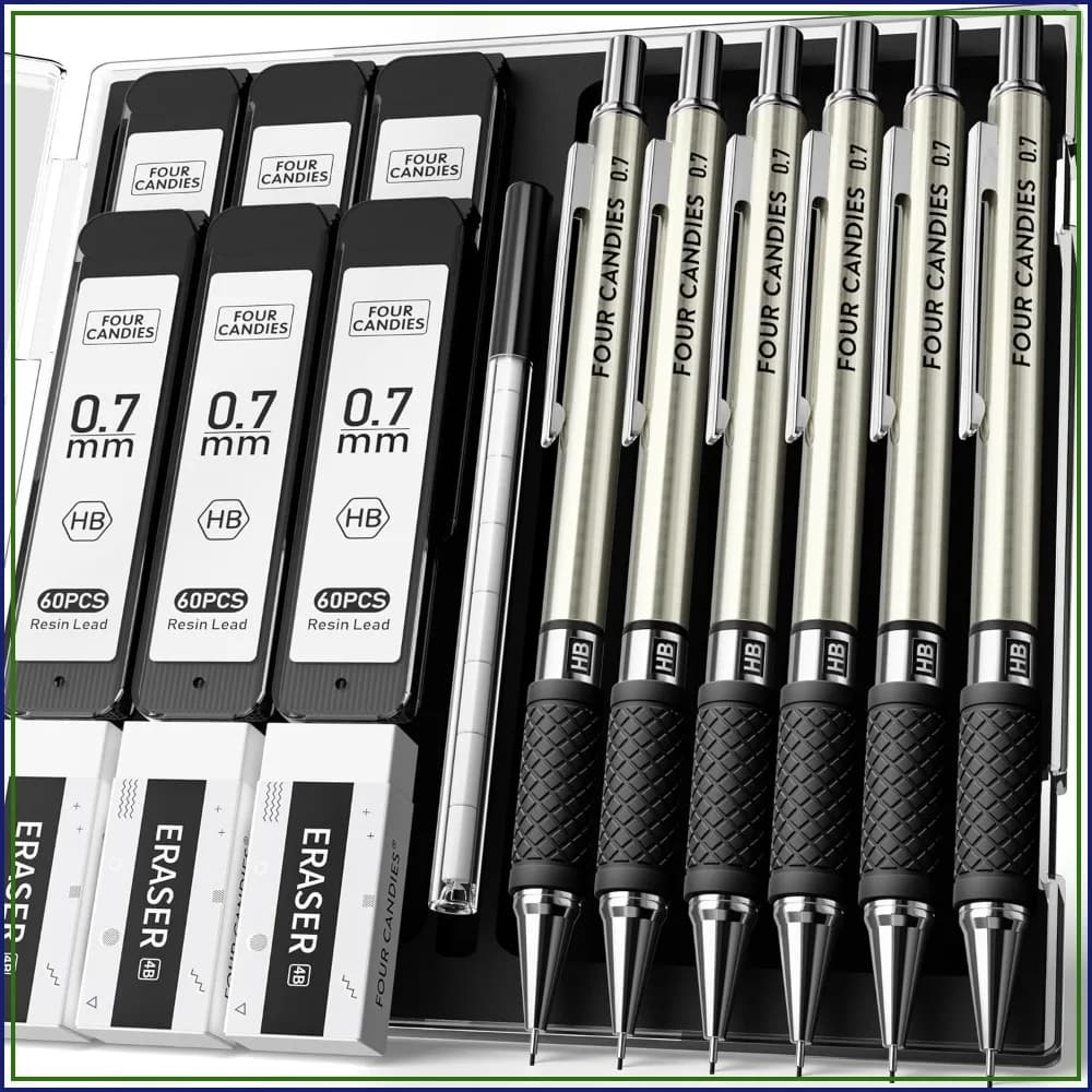 6PCS Metal Mechanical Pencil Set 0.7mm with 360 Leads & 12 Erasers, Ideal for Writing, Sketching & Drafting