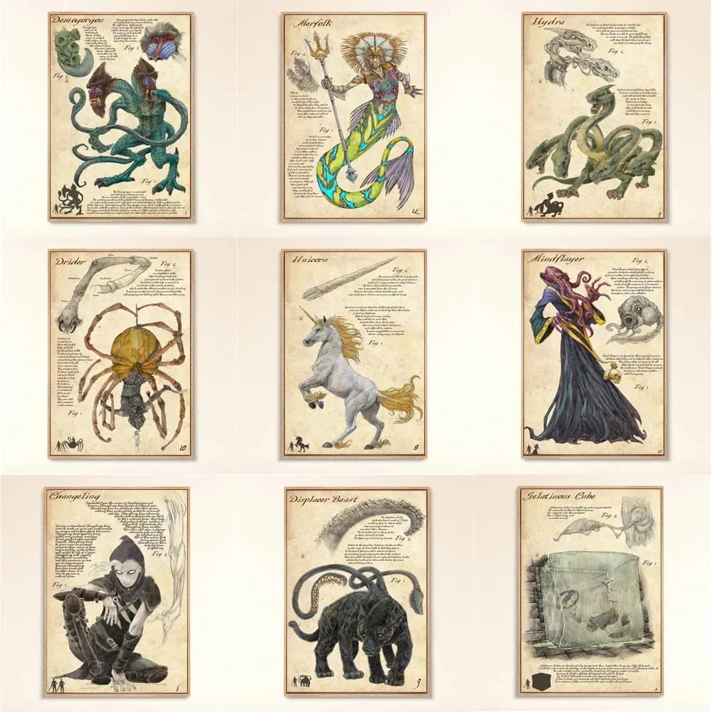Gioco vintage Dungeons And Dragons Canvas Poster e stampe Unicorn Mimic Monster Art Immagini su Giclee Decor Wall Painting