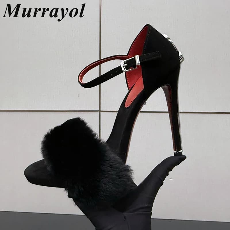 Fur Sandals Women Metal Decor Thin High Heels Shoes Open Toe Ankle Strap Sandalias Mujer Summer Sexy Party Dress Wedding Shoes