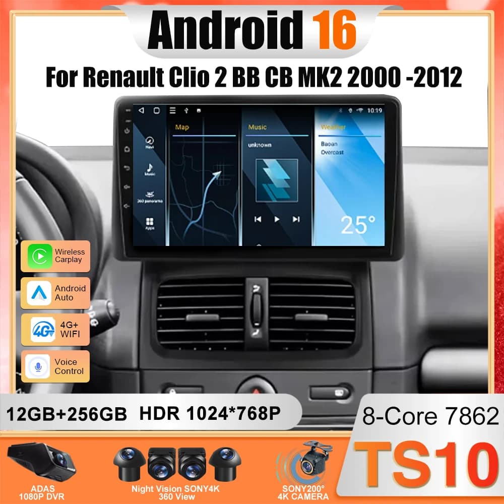 Autoradio Android 16 for Renault Clio 2 BB CB MK2 2000-2012, Multimedia Reader Video, Stereo with Navigation, Wifi, Camera 360°, GPS, BT