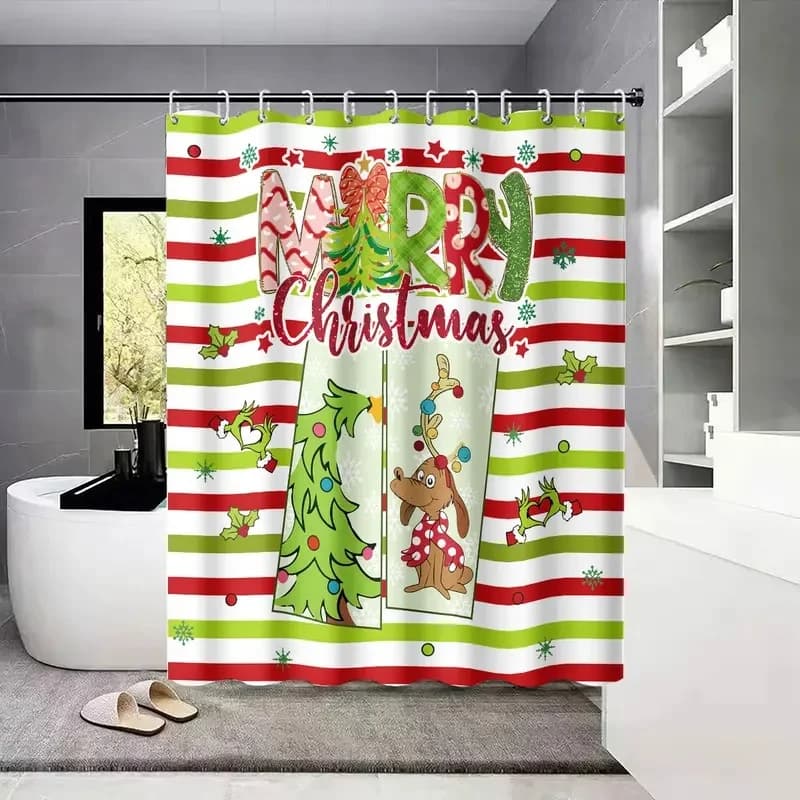 VIKAMA Merry Christmas Shower Curtain Grinch Dog Pattern Waterproof Fabric Bathroom Curtain Home Bath Ornament