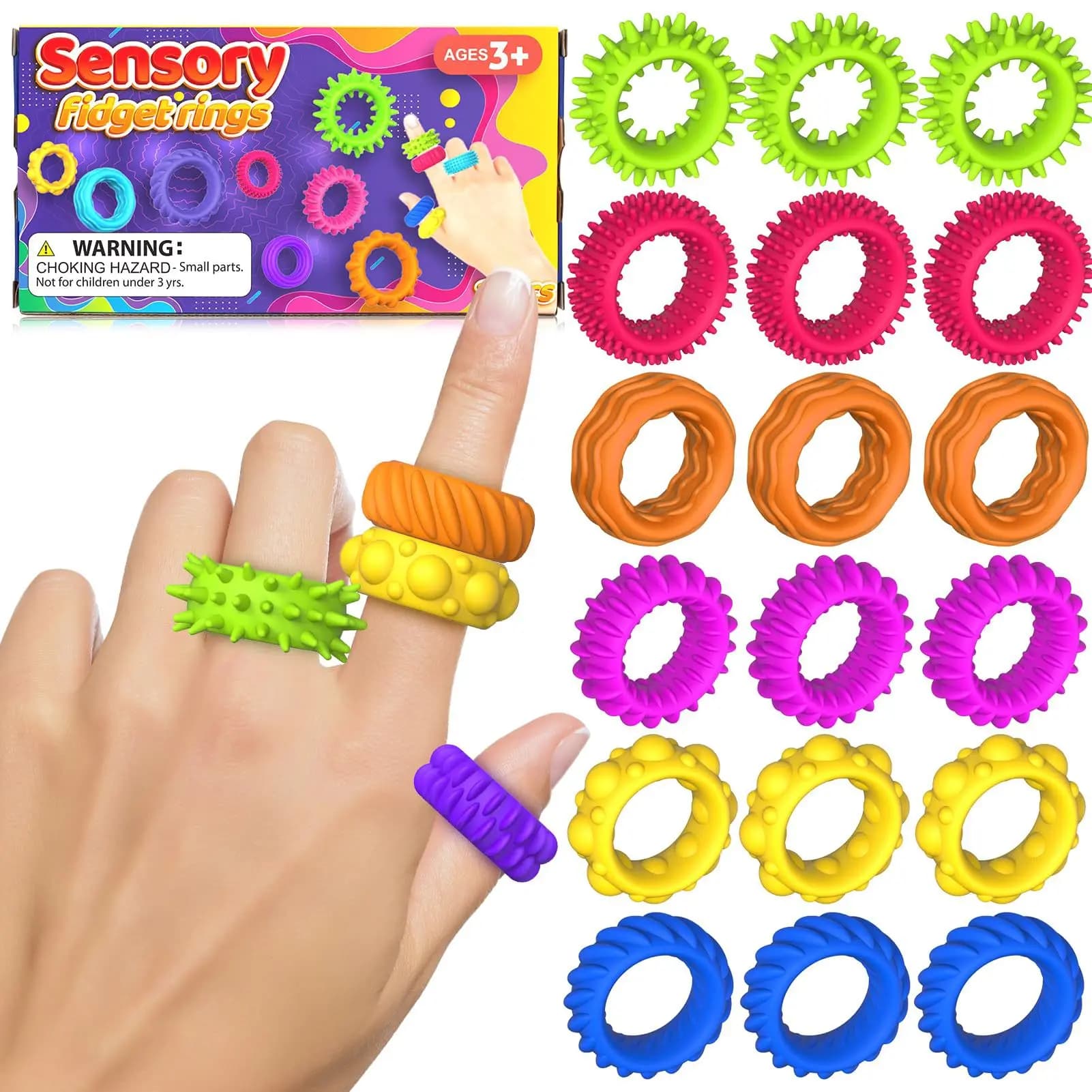 12PCS Fidget Toys Kids Silicone Sensory Rings Soft Fidget Rings Tactile Sensory Toy Stress Relief Finger Rings
