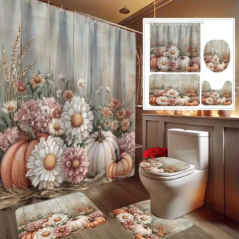 Set da bagno con stampa raccolta autunnale da 4 pezzi, inclusa tenda da doccia, tappetino antiscivolo, copriwater, tappetino da bagno e 128 ganci in plastica