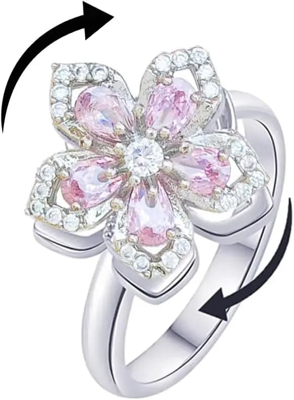 Anello Antistress Girasole da Donna in Oro con Cristalli, Anello Antistress Girasole Aperto Regolabile con Zirconia Cubica, Anello Girasole Spinner