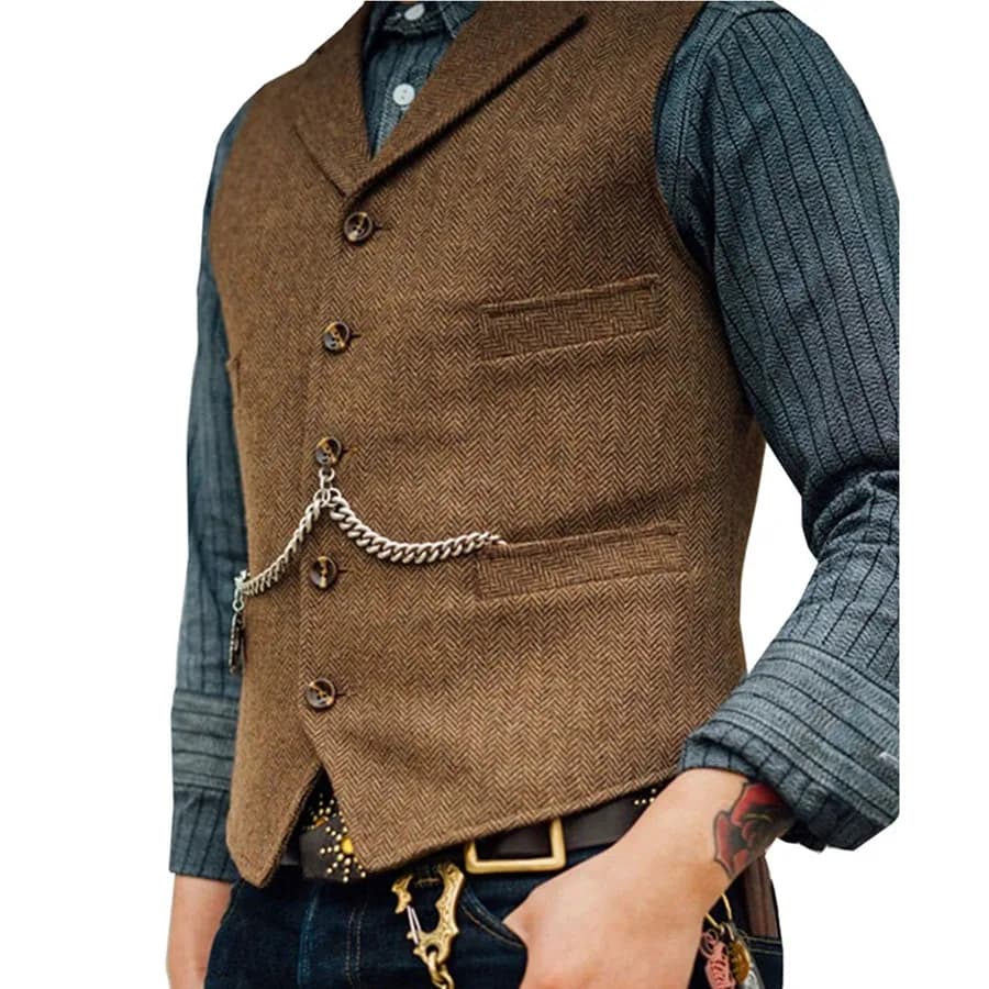 Gilet da uomo d'affari con risvolto, scollo a V, gilet marrone a spina di pesce, giacca formale senza maniche da sposo per capispalla slim da matrimonio