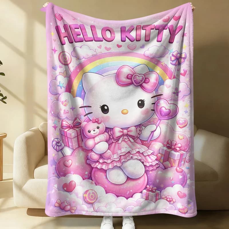 Coperta in Flanella Hello Kitty Arcobaleno, Stampa 3D Kawaii con Cuori Rosa, Design Morbido e Caldo, Plaid per Camera da Letto e Divano, Adatta a Tutte le Stagioni