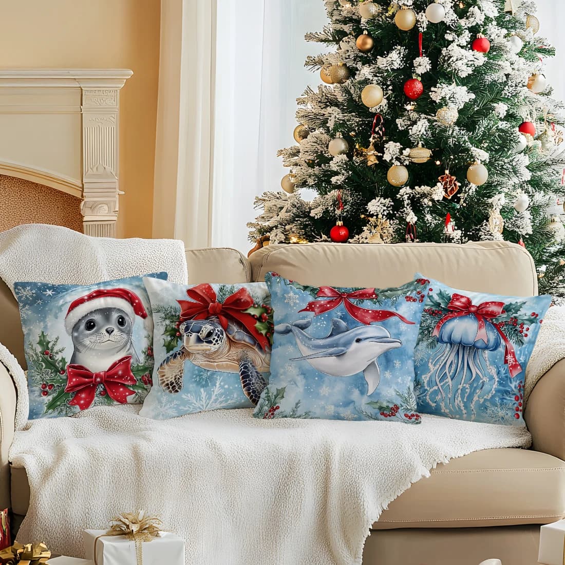 Christmas Bow Sea Animals Cushions Pillowcase Polyester Cushion Cover Throw Pillow Pillowcover Home Car Sofa Decor