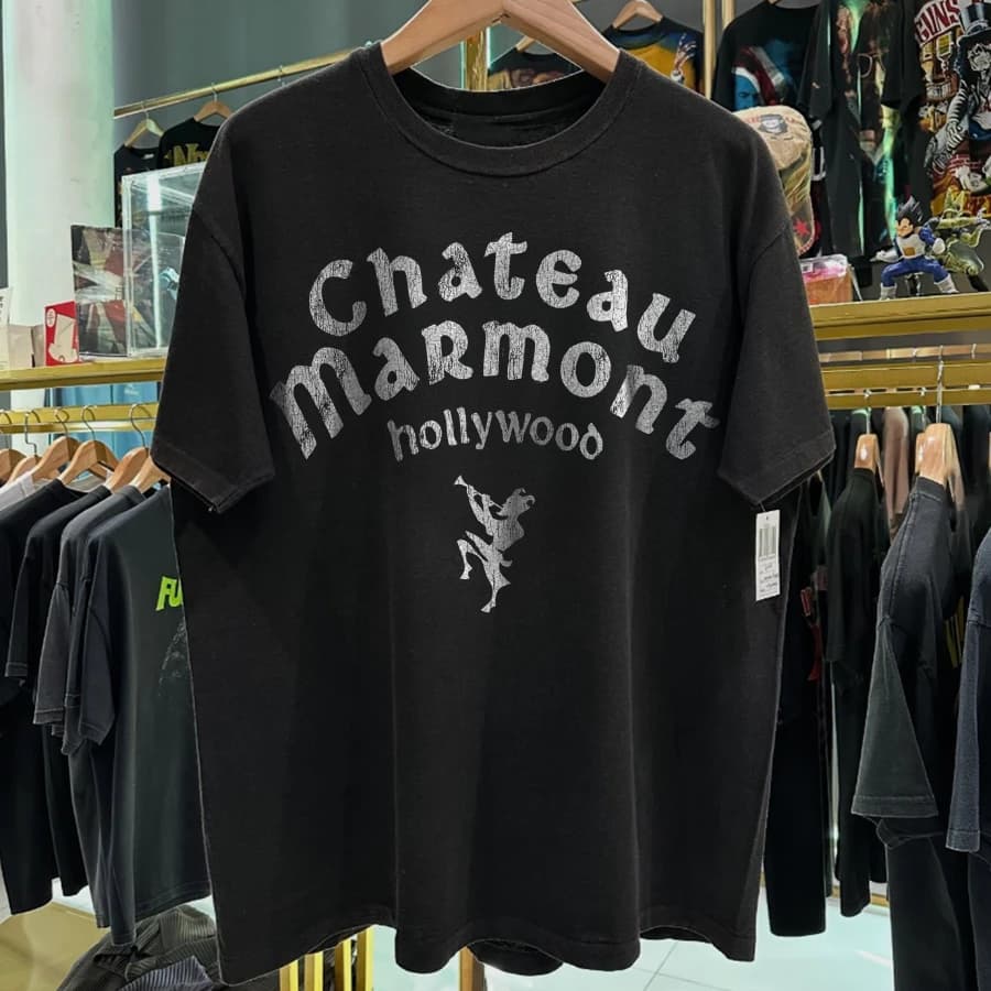 90s Chateau Marmont 'Hollywood' Rare Washed Black T-Shirt Summer Cotton Print Casual Sports Short Sleeve Tee