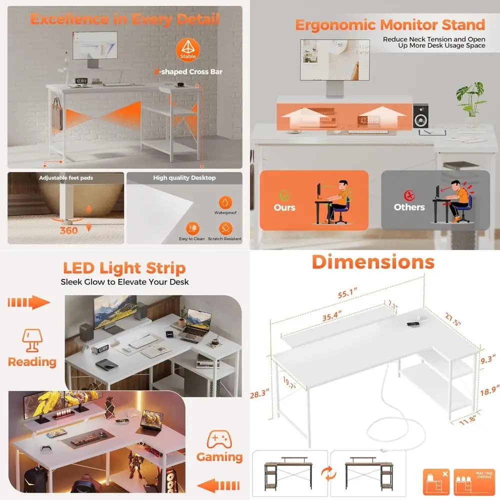 Work Desk from Gaming Compact to L with Current Phases, Storage Space and Monitor Support, for Study and Writing