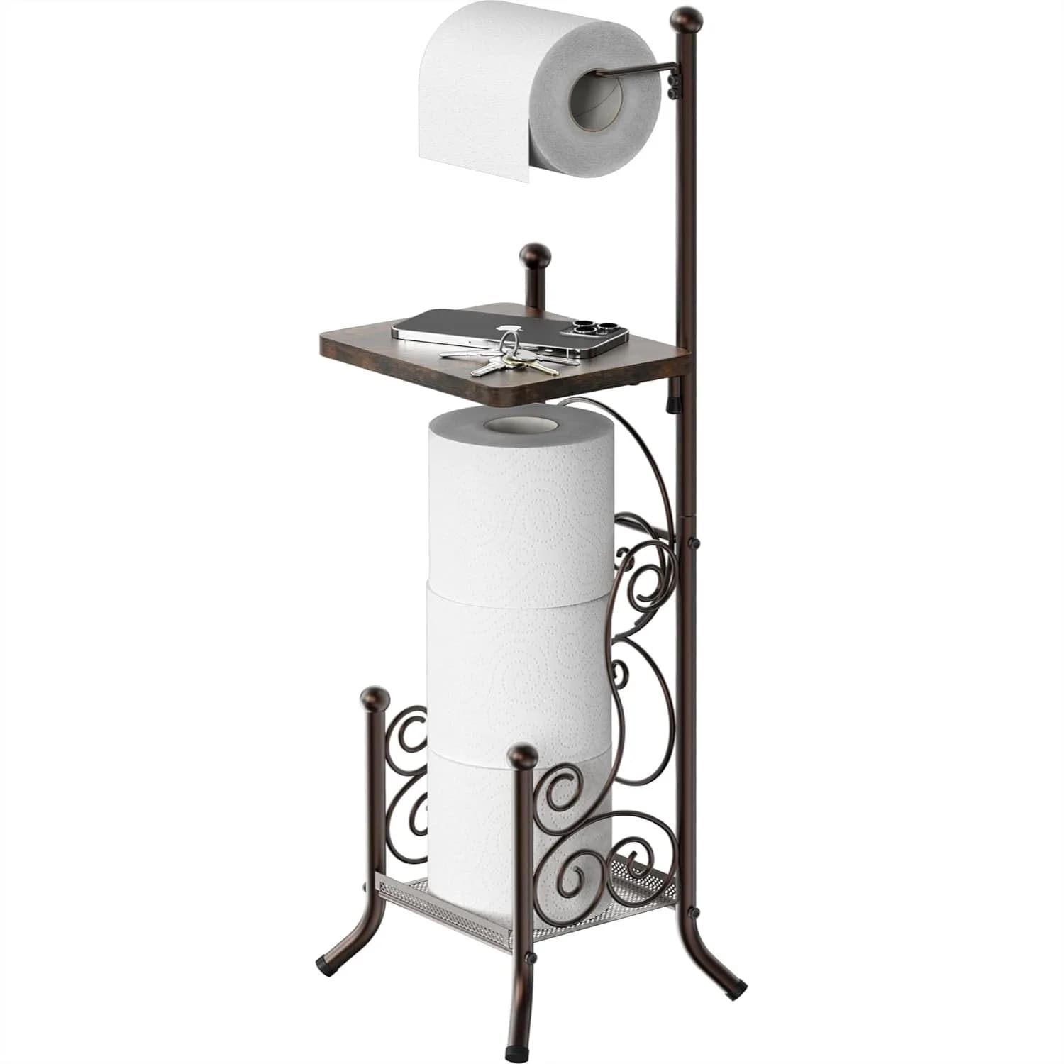Portarotolo da bagno con ripiano, autoportante, bronzo, contiene 4 rotoli