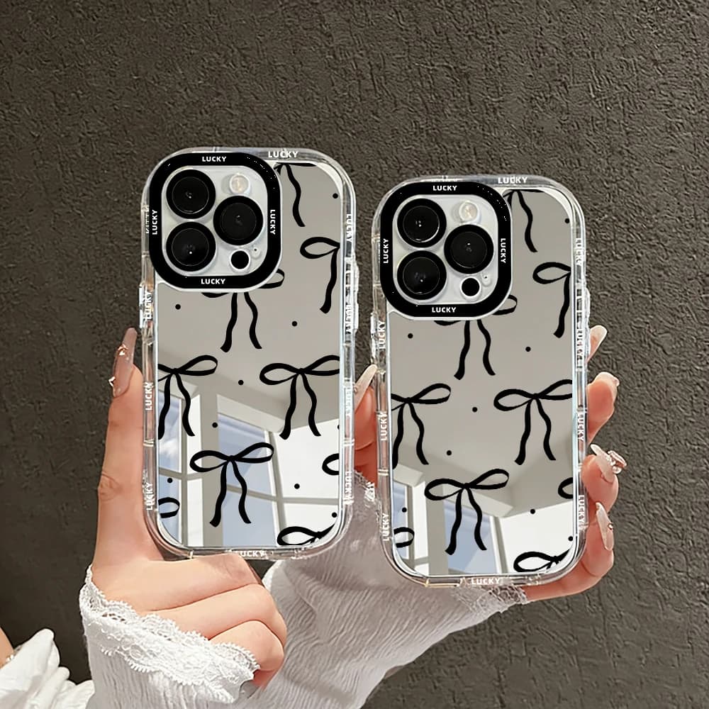 Custodia Morbida Antiurto in Silicone con Stampa a Specchio e Fiocco Carino per iPhone 17 16 15 14 13 12 11 Pro Max X XS XR 7 8 Plus 17Air 7 8 SE2