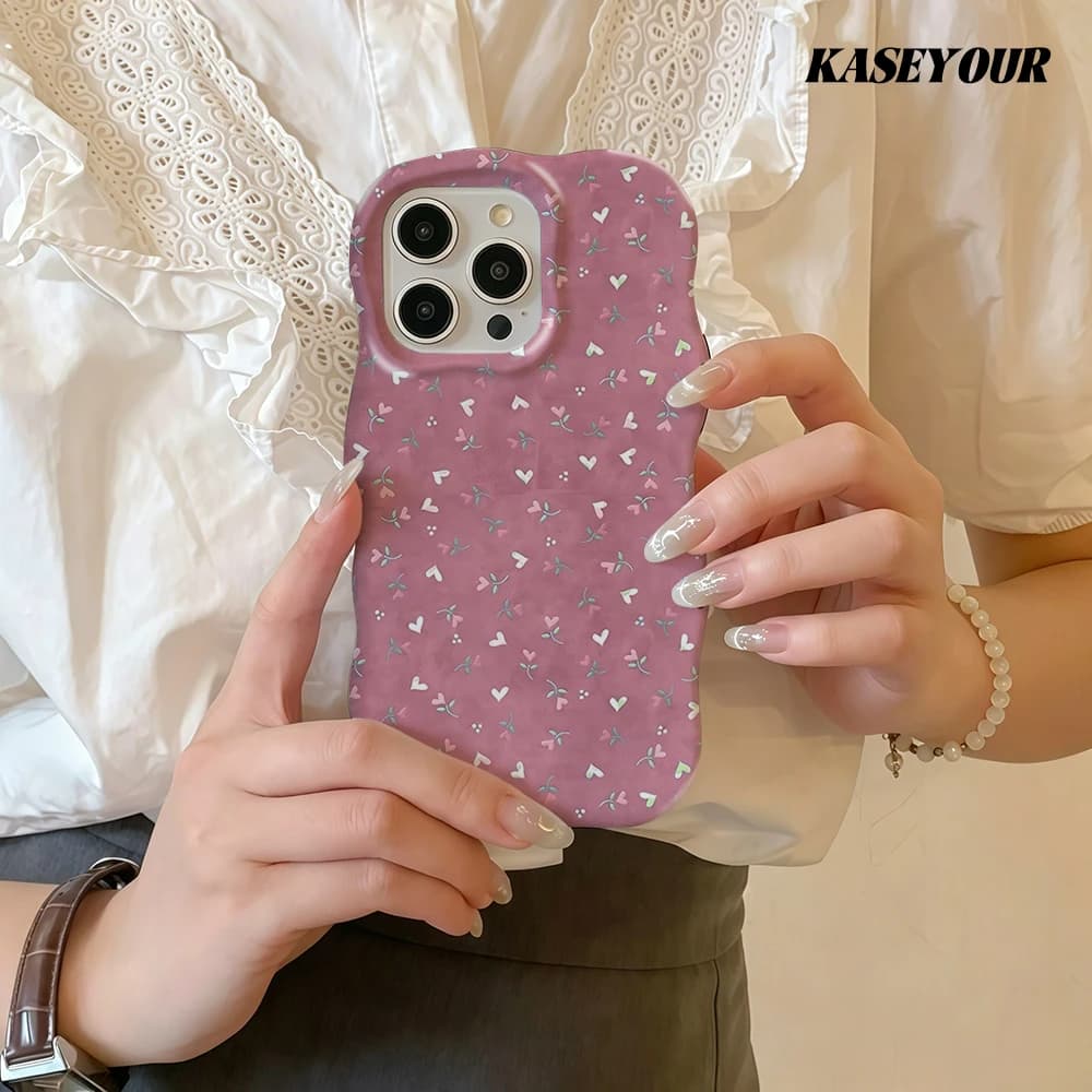 Custodia per telefono lucida 2 in 1 con cuore rosa alla moda per iPhone 13 14 15 16 17 Pro Max, cover posteriore rigida sottile con bordi ondulati