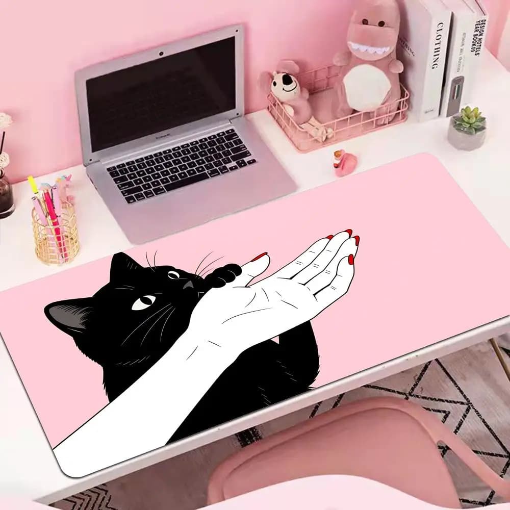 HYBXAXC Tappetino per mouse HD Black Cat kawaii Rosa Tappetini protettivi per desktop da ufficio Tappetino in gomma antiscivolo Tappetini per mouse da gioco Tappetino lungo da scrivania