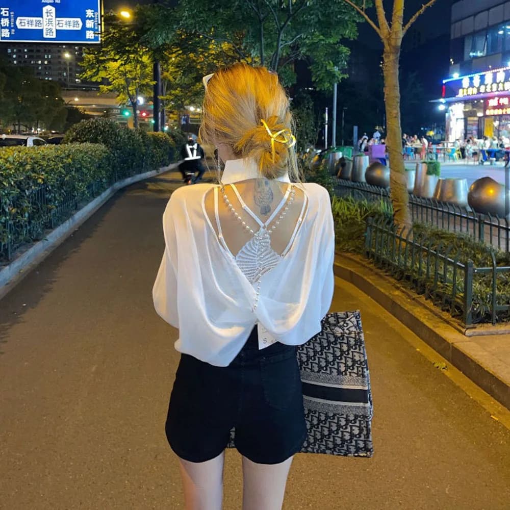 Women's Long Sleeve Chiffon Shirt with Backless Solar Protection in Fashion Chiffon