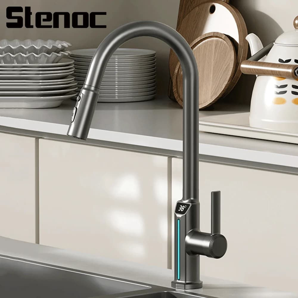 Nuovo display digitale della temperatura Cascata estraibile Miscelatore rubinetto cucina 3 modalità Spruzzatore a flusso Rubinetto lavello acqua calda fredda grigia