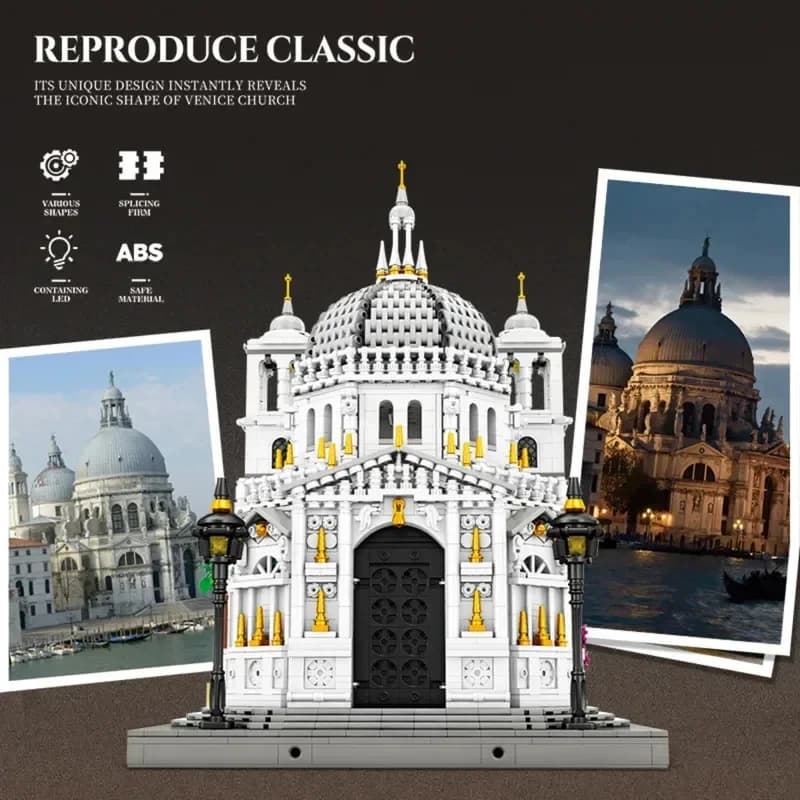 55014 Venice Church Building Blocks Set with Lights, Desktop Ornament, Street Scene Assembly Toy, Birthday and Holiday Gift