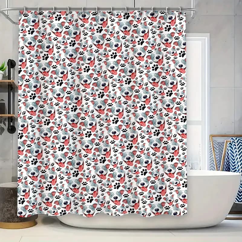 Tenda da doccia con stampa cucciolo: simpatico motivo a zampa di animale Decorazioni per il bagno Tende da doccia in tessuto impermeabile per la decorazione domestica Rosso Blu
