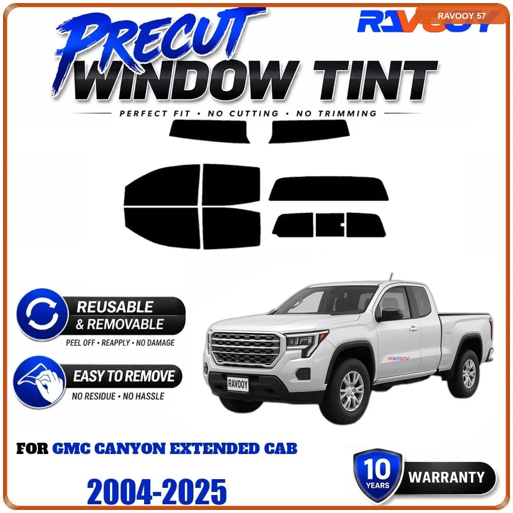 RAVOOY Precut Window Tint, Reusable Removable EPU Film, Custom Fit for Gmc Canyon Extended Cab 2004-2025, UV Heat Protection